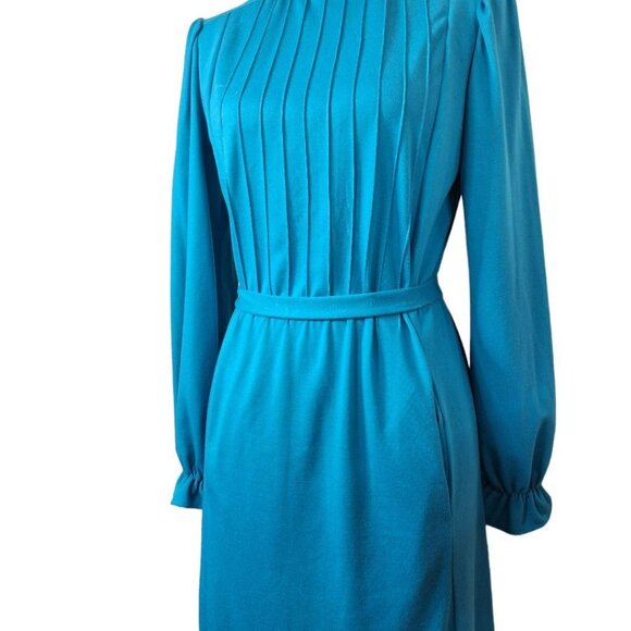 JCPenney Fashions Blue Dress Long Ruffle High Neck Pockets Tie Vintage Womens 14 - Picture 11 of 16